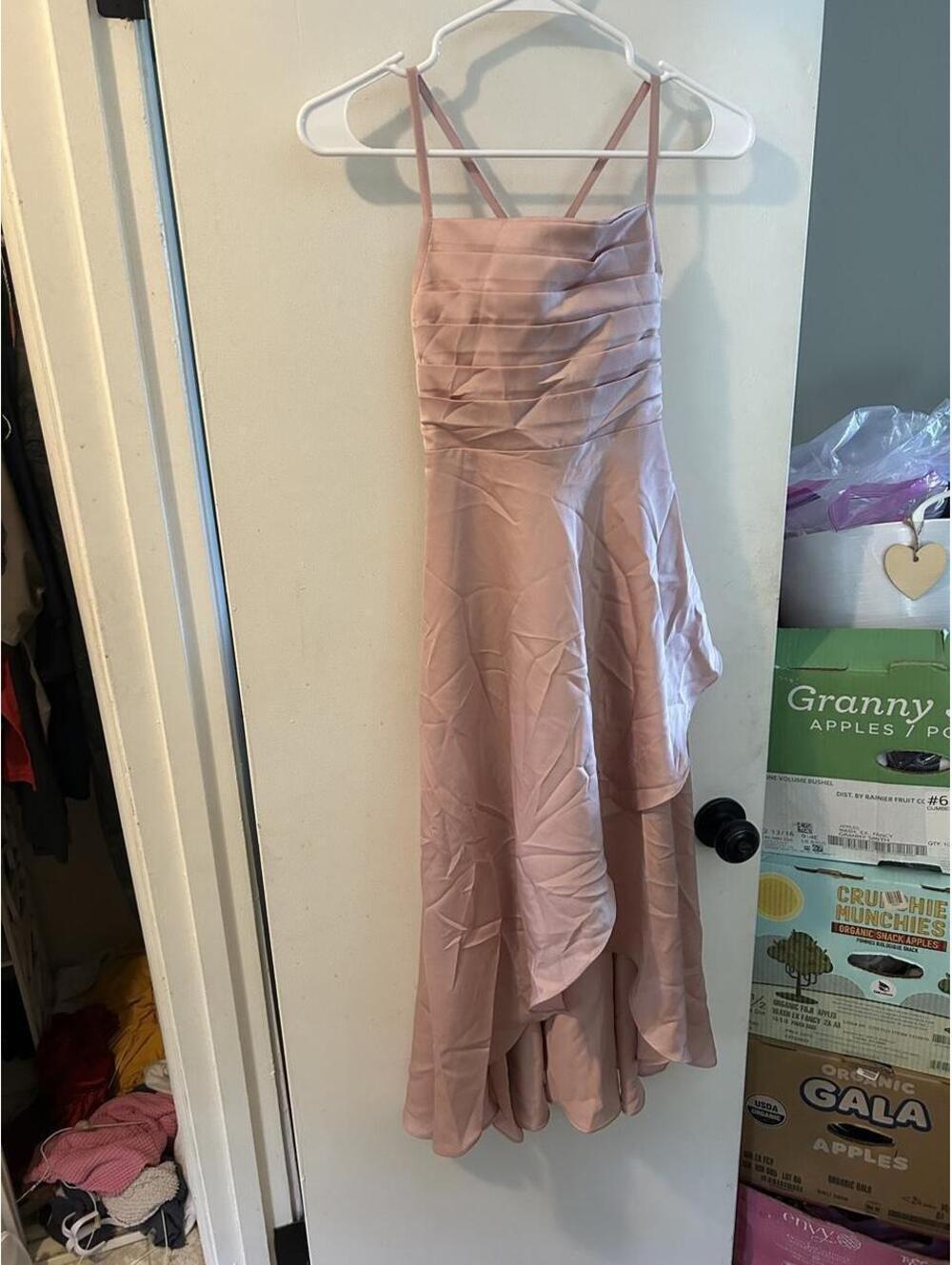 Pink satin dress with ruched detailing and asymmetrical hem size S